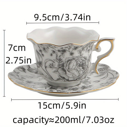 Elegant Grey Rose Ceramic Coffee Set - Includes 1 Cup, Saucer & Spoon, Nordic-Inspired Luxury Design, Non-Slip, Lead-Free, Perfect for Home or Restaurant Use