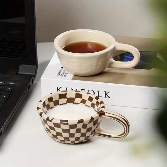 1pc Brown Plaid Ceramic Coffee Mug - 7oz Capacity, Durable, Dishwasher Safe, Microwaveable