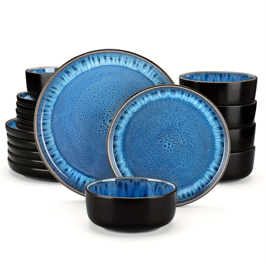 18-Piece Blue Stoneware Dinner Sets - Kiln Change Glaze Plates and Bowls Set with Dinner Plate, Dessert Plate, and Bowl for Tableware