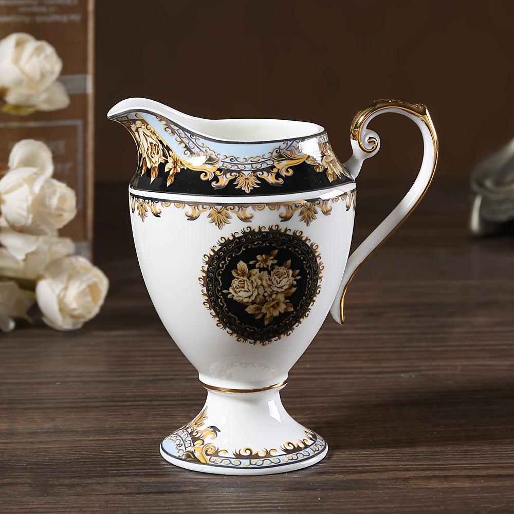 1pc Floral Bone Porcelain Creamer Pitcher, 9.47oz Elegant European Style Milk Jug for Afternoon Tea, Coffee, Home, Hotel, Cafe - Decorative Ceramic Cream Pitcher with Golden Trim