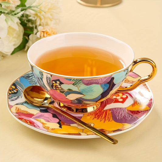 Elegant Nordic Gold-Inlaid Bone Porcelain Coffee Cup Set with Saucer and Spoon, Hand-Painted Floral Design, Reusable Insulated Teacup for Holidays - Christmas, Thanksgiving, Mother's Day, 200ml (7.03oz), Matching Set for Afternoon Tea, Lead-Free, Hand Was