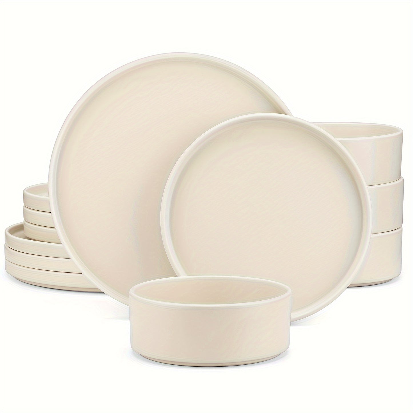 12 Piece Dinnerware Set Beige Stoneware Matt Plate Bowl Dining Set Service For 4