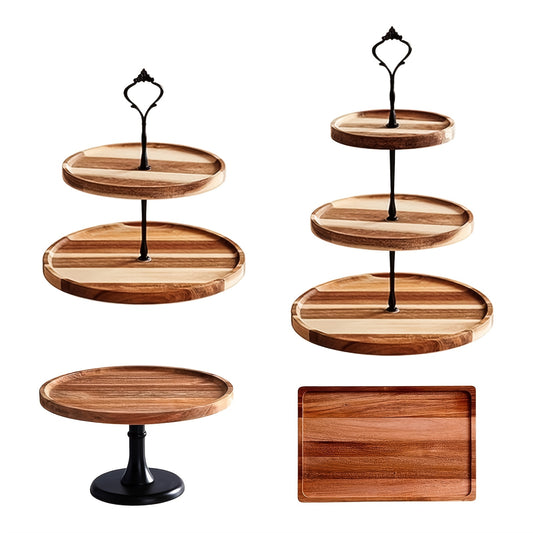 4pcs Vintage Acacia Wood Cake & Snack Stand Set - Perfect for Family Gatherings, Afternoon Tea, and Bakery Displays - Food Safe, Ideal for Holidays Including Christmas, Valentine's, Thanksgiving, Graduation