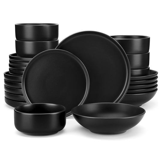 24 Pieces Stoneware Dinnerware Sets, Matt Glaze Black Plates and Bowls Set, Tableware Service for 6