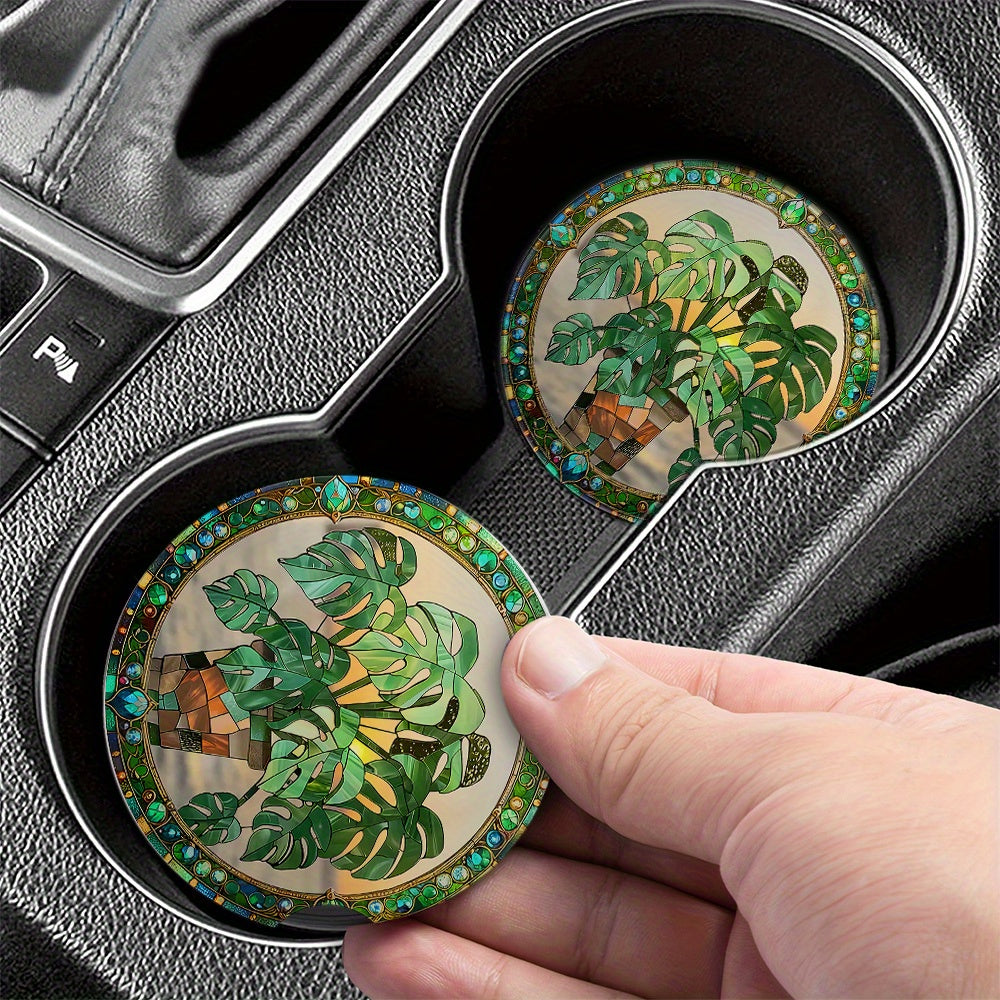 2PCS Stained Glass Style Green Potted Acrylic Car Coasters, Cup Holder with Finger Groove Mouth