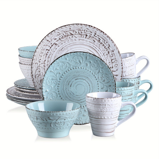 16-Piece Deluxe Stoneware Dinnerware Set - Embossed, Microwave Safe, Dishwasher Safe, Blue and White Plates and Bowls Set of 4 for Family Dining - Durable, Chip-Resistant, and Easy to Clean