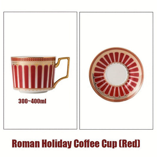 Roman Holiday Mug Set with Saucers | Stripe Pattern, Hand Wash, Round Reusable Coffee Tea Cups | Holiday Themed, Lead-Free, Multipurpose, Matching Set | Wax-Coated, Freezer Safe - 1PC