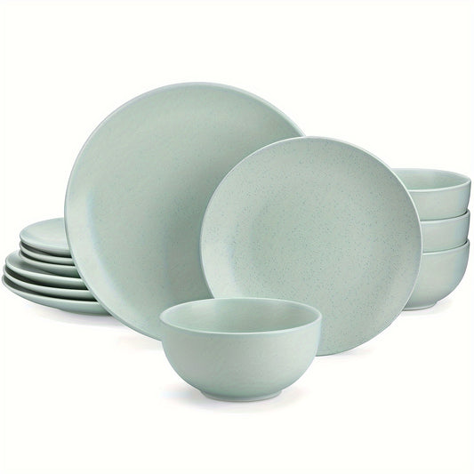 12 Piece Dinnerware Set Light Green Stoneware Plates And Bowls Sets Sesame Glaze Tableware Service For 4