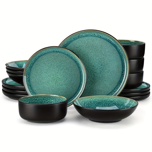 16 Pieces Dinnerware Sets Green Stoneware Kiln Change Glaze Plates And Bowls Set Tableware With Dinner Plate, Dessert Plate, Soup Bowl And Cereal Bowl Service For 4