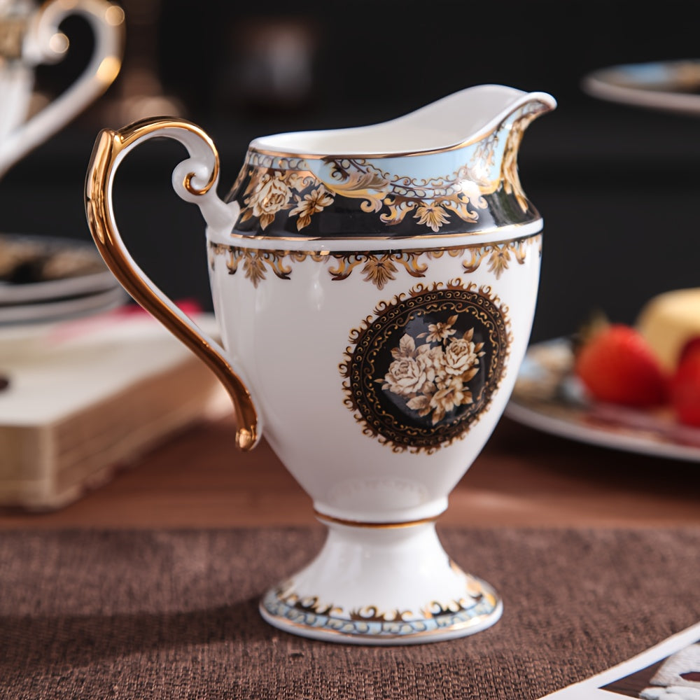 1pc Floral Bone Porcelain Creamer Pitcher, 9.47oz Elegant European Style Milk Jug for Afternoon Tea, Coffee, Home, Hotel, Cafe - Decorative Ceramic Cream Pitcher with Golden Trim