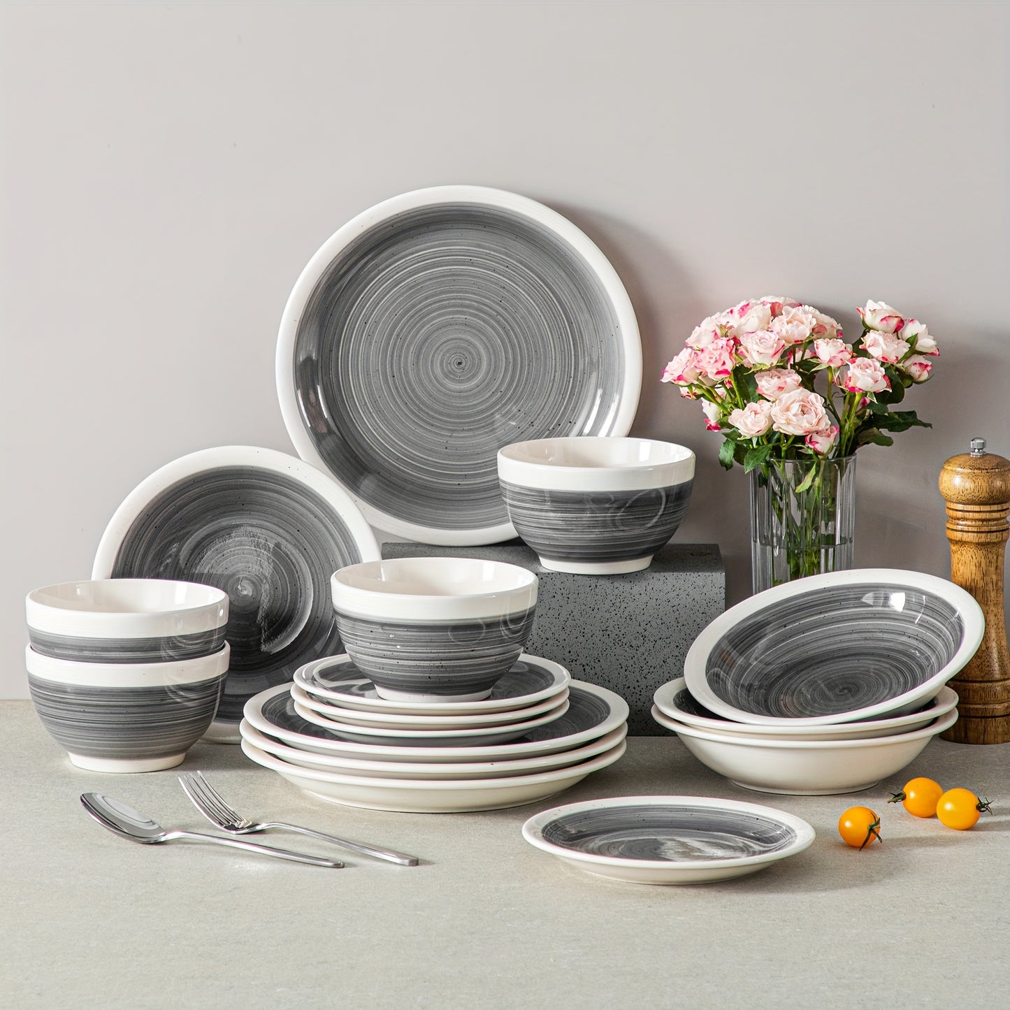 16 Piece Dinnerware Set Gray Tableware Porcelain Dining Set Plate Bowl Mug Sets  Service for 4