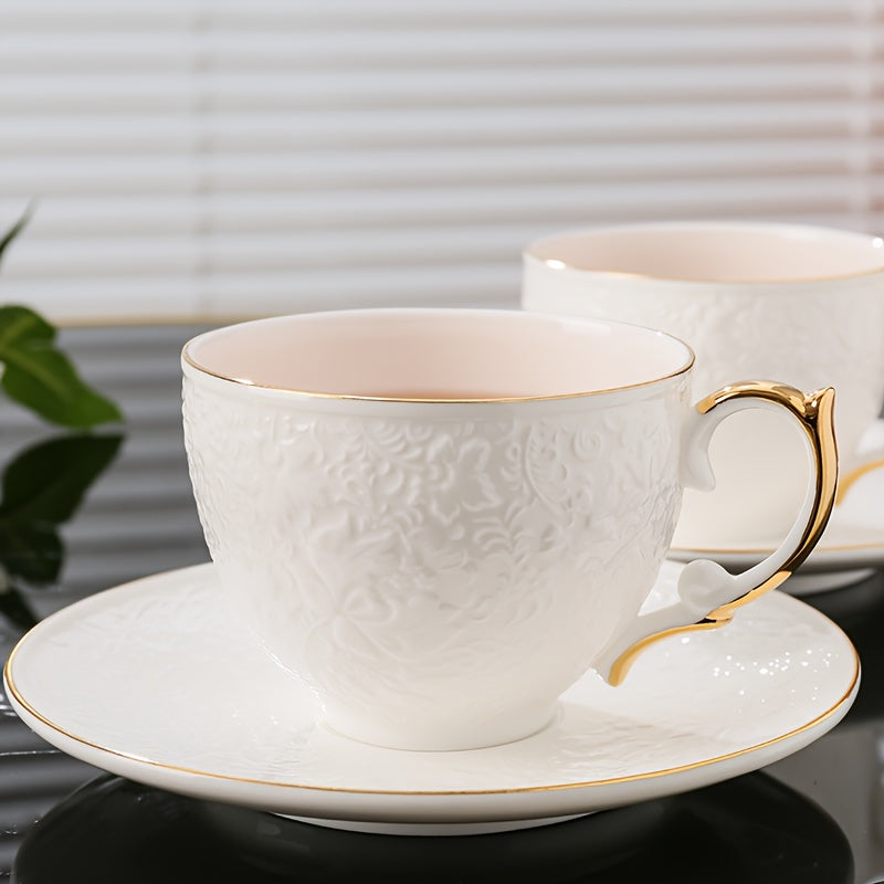 Elegant European-Style Coffee Cup Set with Golden Accents - Includes Saucer & Spoon, 8.79oz - Perfect for Afternoon Tea, Holidays & Gifts