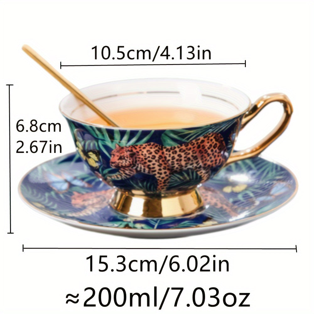 Animal Elegance, Elegant Cheetah Print Coffee Set - Includes 7oz Cup, Saucer & Spoon, Lead-Free, Insulated for Hot Beverages, Perfect for Home or Office