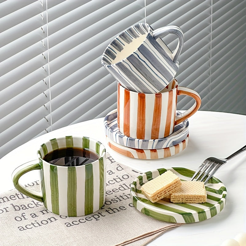 2pcs/Set Retro Striped Ceramic Coffee Cup and Tea Saucer, 1 Cup 1 Saucer, Capacity: ≈8.79oz, Striped Water Cup Tea Cup Set, Suitable for Breakfast, Tea Party, Afternoon Tea, Summer and Winter Drinking Utensils, Home Kitchen Supplies