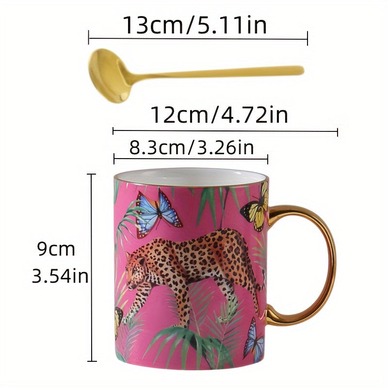 Animal Print Bone Porcelain Coffee Mug, 350ml/12.3oz Cheetah & Butterfly Design, Hand Wash Only, Insulated, Non-Slip, Reusable, Lead-Free, with Matching Spoon, for Multipurpose Use, Ideal for Christmas, Halloween, Thanksgiving, Earth Day, National Nurses