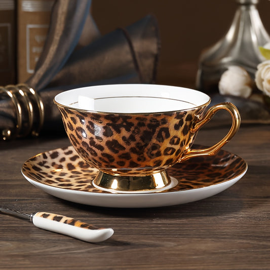 Set, Leopard Print Teacup with Saucer And Spoon, 200ml/7.03oz Coffee Cup And Saucer Plate, Drinking Cups for Breakfast, Tea Party, Afternoon Tea, Home, Garden, Restaurant And More, Summer Winter Drinkware