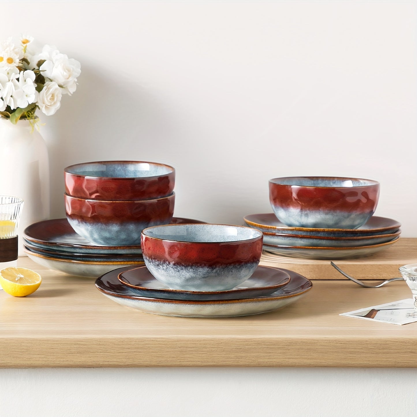 12-Piece Red Stoneware Dinnerware Set - Kiln-Changed Glaze Round Tableware with Dinner Plate, Dessert Plate, and Cereal Bowl Service for 4 People