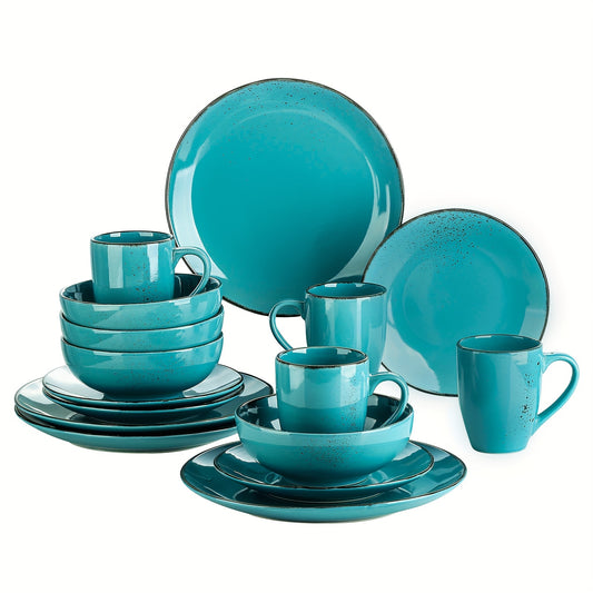 16 Piece Dinnerware Set Stoneware Sea Blue Tableware Plates Bowls Mug Service for 4