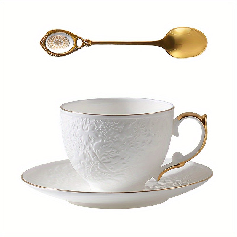 Elegant European-Style Coffee Cup Set with Golden Accents - Includes Saucer & Spoon, 8.79oz - Perfect for Afternoon Tea, Holidays & Gifts