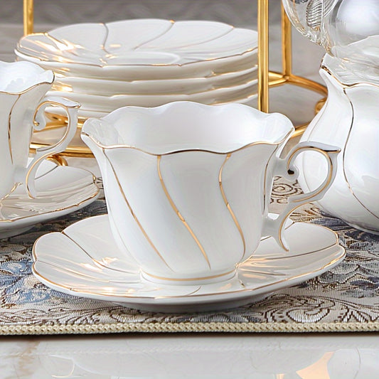 Elegant Ceramic Coffee Cup & Saucer Set with Golden Trim - Hand Wash Only, Round Shape, Non-Slip, Lead Free, Insulated - Multipurpose Matching Set for Holiday Celebrations - Christmas, Halloween, Thanksgiving, Mother's Day, National Nurses Day - 1pc, 230m