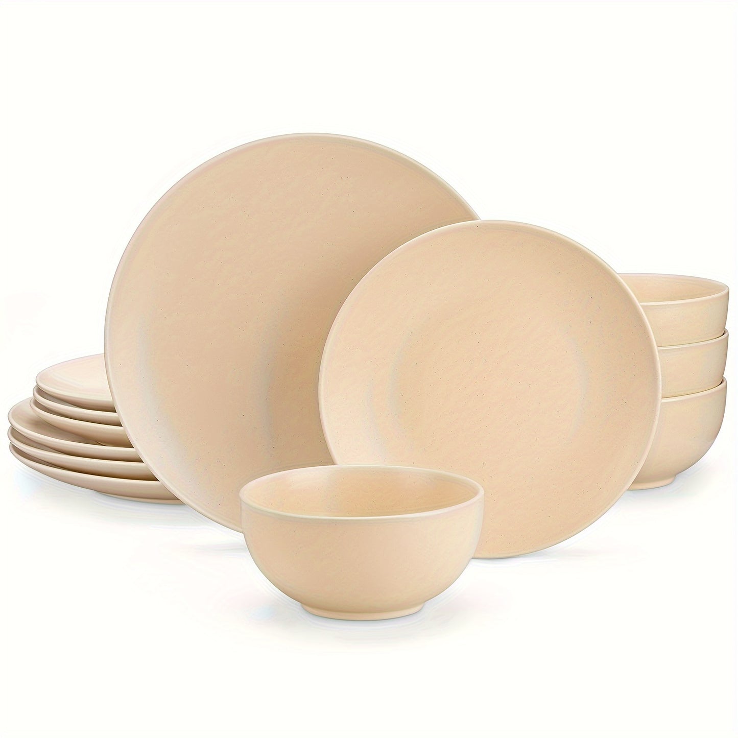 12 Piece Dinnerware Set Stoneware Beige Plates And Bowls Sets Sesame Glaze Tableware Service For 4