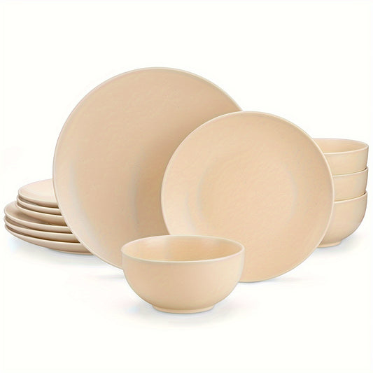 12 Piece Dinnerware Set Stoneware Beige Plates And Bowls Sets Sesame Glaze Tableware Service For 4