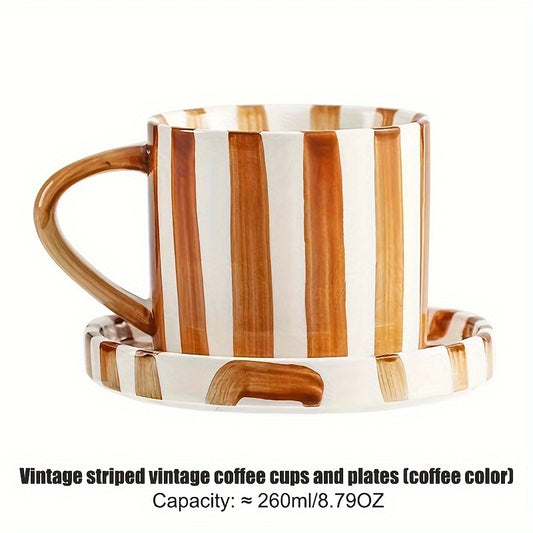 2pcs/Set Retro Striped Ceramic Coffee Cup and Tea Saucer, 1 Cup 1 Saucer, Capacity: ≈8.79oz, Striped Water Cup Tea Cup Set, Suitable for Breakfast, Tea Party, Afternoon Tea, Summer and Winter Drinking Utensils, Home Kitchen Supplies