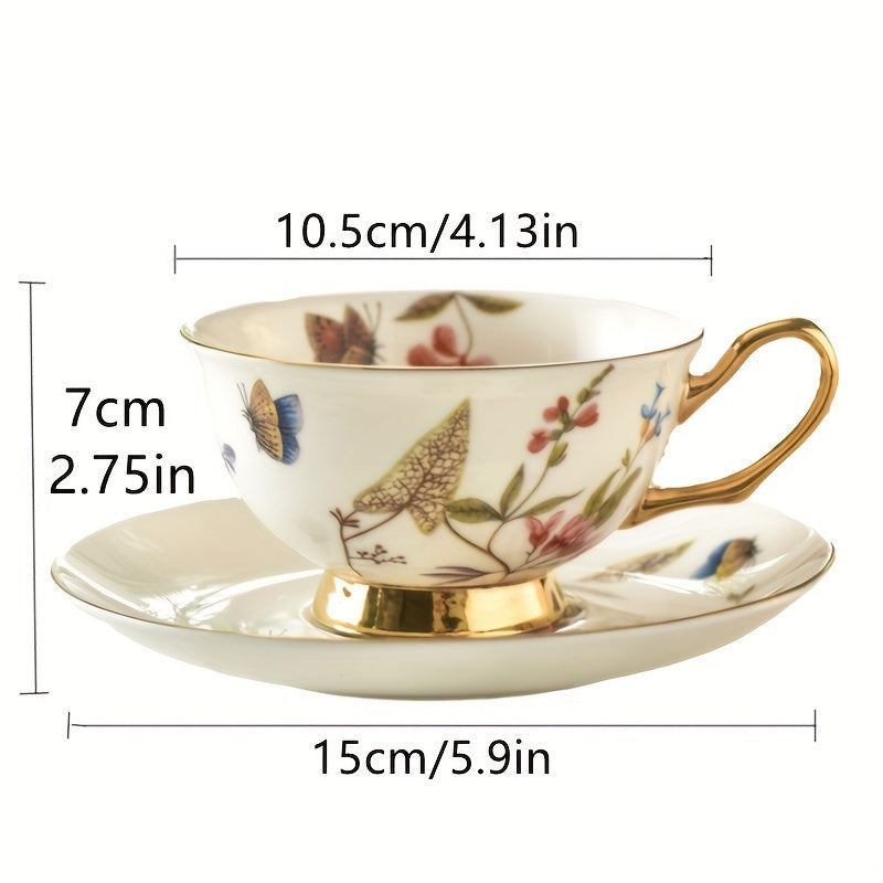 Luxury European Golden Rimmed Bone Porcelain Cup & Saucer Set with Spoon, Hand Wash Only, Insulated, Lead-Free, Round Floral and Butterfly Theme for Multipurpose Use, Matching Set for Holidays - Freezer Safe