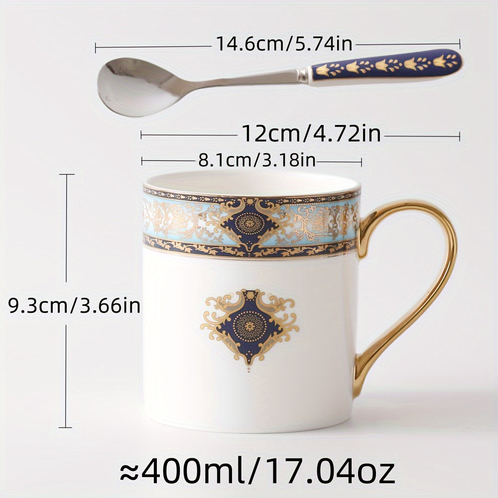 1pc Luxury Coffee Mug with Spoon, European Style Ceramic Cup, 400ml/17.04oz, Hand Wash Only, Lead-Free, Insulated, Non-Slip, Reusable, with Matching Set, for Home & Gift, Holiday Themed Multipurpose Use