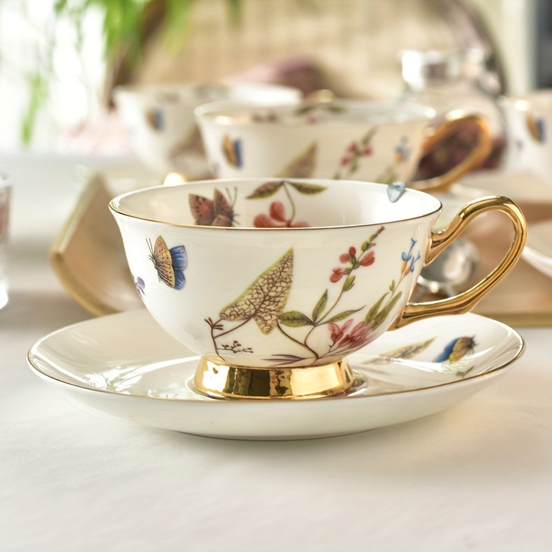 Luxury European Golden Rimmed Bone Porcelain Cup & Saucer Set with Spoon, Hand Wash Only, Insulated, Lead-Free, Round Floral and Butterfly Theme for Multipurpose Use, Matching Set for Holidays - Freezer Safe