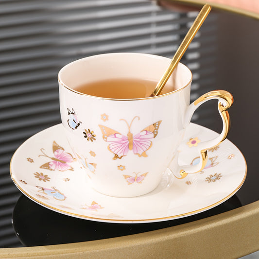 Elegant Butterfly Cup & Saucer Set with Gold Spoon - 7.03oz Hand-Wash Only Round Coffee Tea Set, Insulated, Non-Slip, Lead-Free - Matching Set for Christmas, Halloween, Thanksgiving, Mother's Day, National Nurses Day