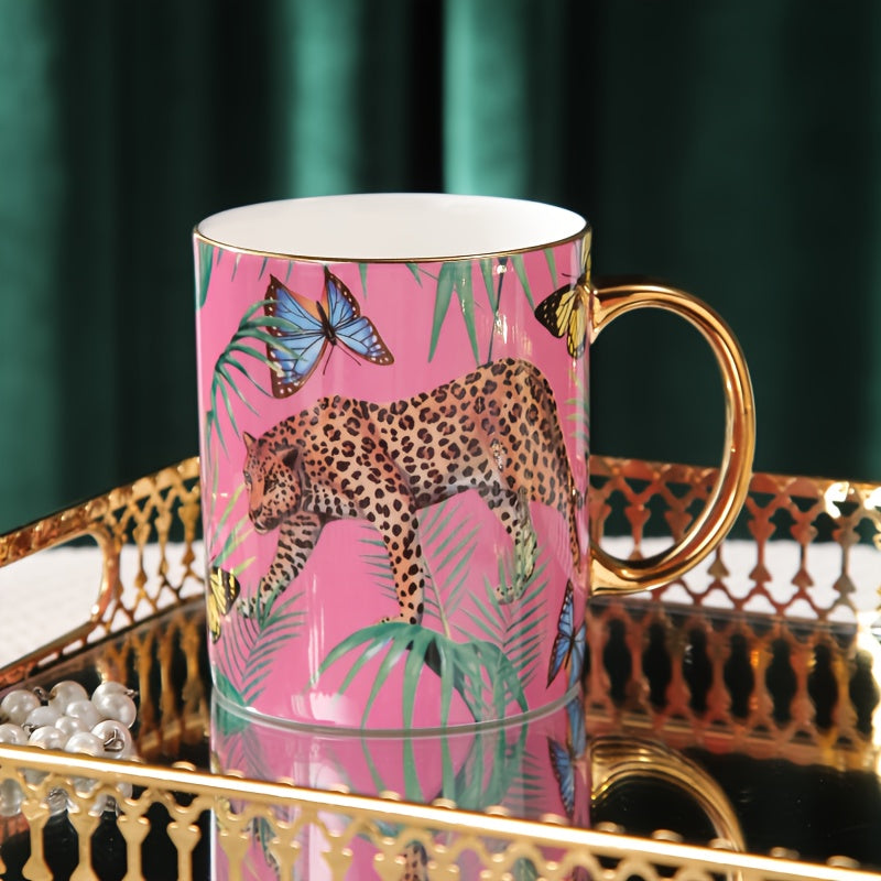 Animal Print Bone Porcelain Coffee Mug, 350ml/12.3oz Cheetah & Butterfly Design, Hand Wash Only, Insulated, Non-Slip, Reusable, Lead-Free, with Matching Spoon, for Multipurpose Use, Ideal for Christmas, Halloween, Thanksgiving, Earth Day, National Nurses