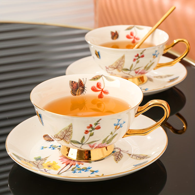 Luxury European Golden Rimmed Bone Porcelain Cup & Saucer Set with Spoon, Hand Wash Only, Insulated, Lead-Free, Round Floral and Butterfly Theme for Multipurpose Use, Matching Set for Holidays - Freezer Safe