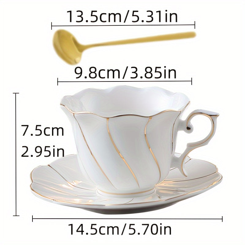 Elegant Ceramic Coffee Cup & Saucer Set with Golden Trim - Hand Wash Only, Round Shape, Non-Slip, Lead Free, Insulated - Multipurpose Matching Set for Holiday Celebrations - Christmas, Halloween, Thanksgiving, Mother's Day, National Nurses Day - 1pc, 230m