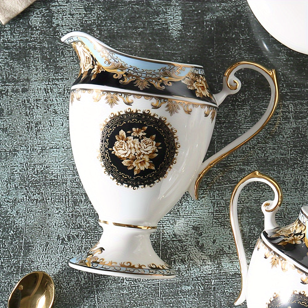 1pc Floral Bone Porcelain Creamer Pitcher, 9.47oz Elegant European Style Milk Jug for Afternoon Tea, Coffee, Home, Hotel, Cafe - Decorative Ceramic Cream Pitcher with Golden Trim