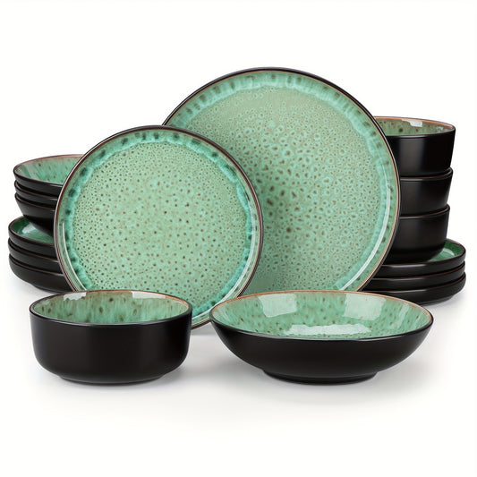 16 Pieces Dinnerware Sets Light Green Stoneware Kiln Change Glaze Plates And Bowls Set Tableware With Dinner Plate, Dessert Plate, Soup Bowl And Cereal Bowl Service For 4