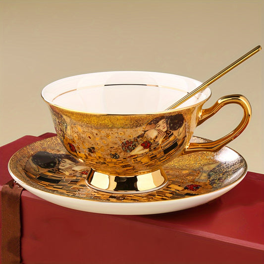 Elegant European-Inspired Golden-Trimmed Tea Set - Includes 7oz Coffee Cup, Saucer & Spoon, Lead-Free, Freezer Safe, Perfect for Afternoon Tea & Special Occasions