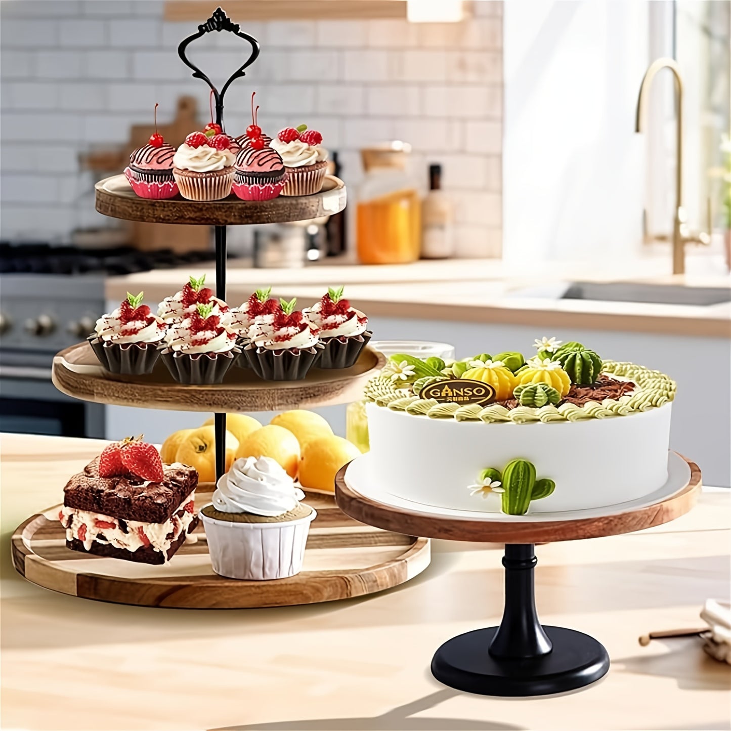 4pcs Vintage Acacia Wood Cake & Snack Stand Set - Perfect for Family Gatherings, Afternoon Tea, and Bakery Displays - Food Safe, Ideal for Holidays Including Christmas, Valentine's, Thanksgiving, Graduation