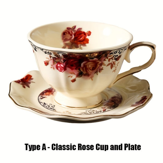 Romantic Ceramic Coffee Cup and Saucer Set, 8.45 oz Floral Tea Cup with Matching Plate, Hand Wash Only, Round Reusable Insulated Mug for Breakfast, Teatime, Home, Garden, Restaurant - Non-Slip, Multipurpose, Adult - Ideal for Thanksgiving, Valentine's Day