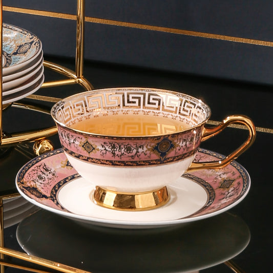 Luxury Bohemian Pink Porcelain Coffee Cup Set with Golden Trim - 7oz, Includes Saucer & Spoon, Lead-Free, Perfect for Afternoon Tea & Breakfast, Ideal for Halloween, Christmas, Thanksgiving, Mother's Day Gifts, Handwash Only