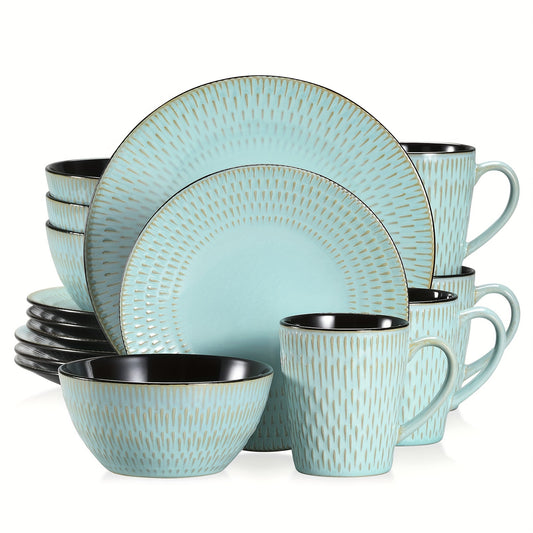 16 Piece Dinnerware Set Green Stoneware Embossed Plate Bowl Tableware Service For 4