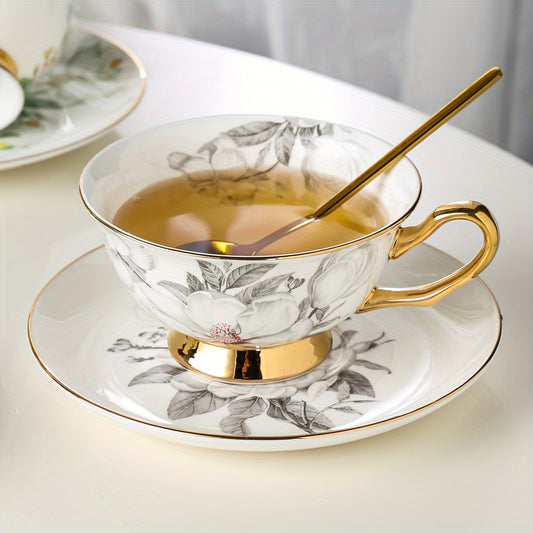 Elegant Grey Camellia Tea Set - Cup, Saucer & Spoon, 7oz - Perfect for Afternoon Tea, Coffee, and Holiday Celebrations