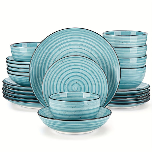 24pcs Stoneware Dinnerware Set - Hand-Painted Striped Plates and Bowls for 6, Round, Holiday Themed, Christmas, Halloween, Easter, Thanksgiving, St. Patrick'S Day