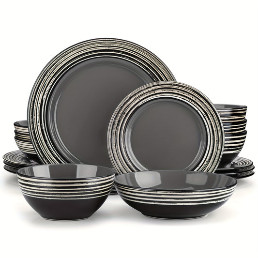 16 Piece Dinnerware Set Stoneware Bark Glaze Plate Set Service for 4 Grey