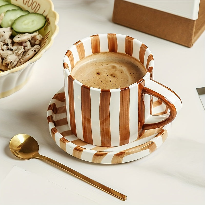 2pcs/Set Retro Striped Ceramic Coffee Cup and Tea Saucer, 1 Cup 1 Saucer, Capacity: ≈8.79oz, Striped Water Cup Tea Cup Set, Suitable for Breakfast, Tea Party, Afternoon Tea, Summer and Winter Drinking Utensils, Home Kitchen Supplies