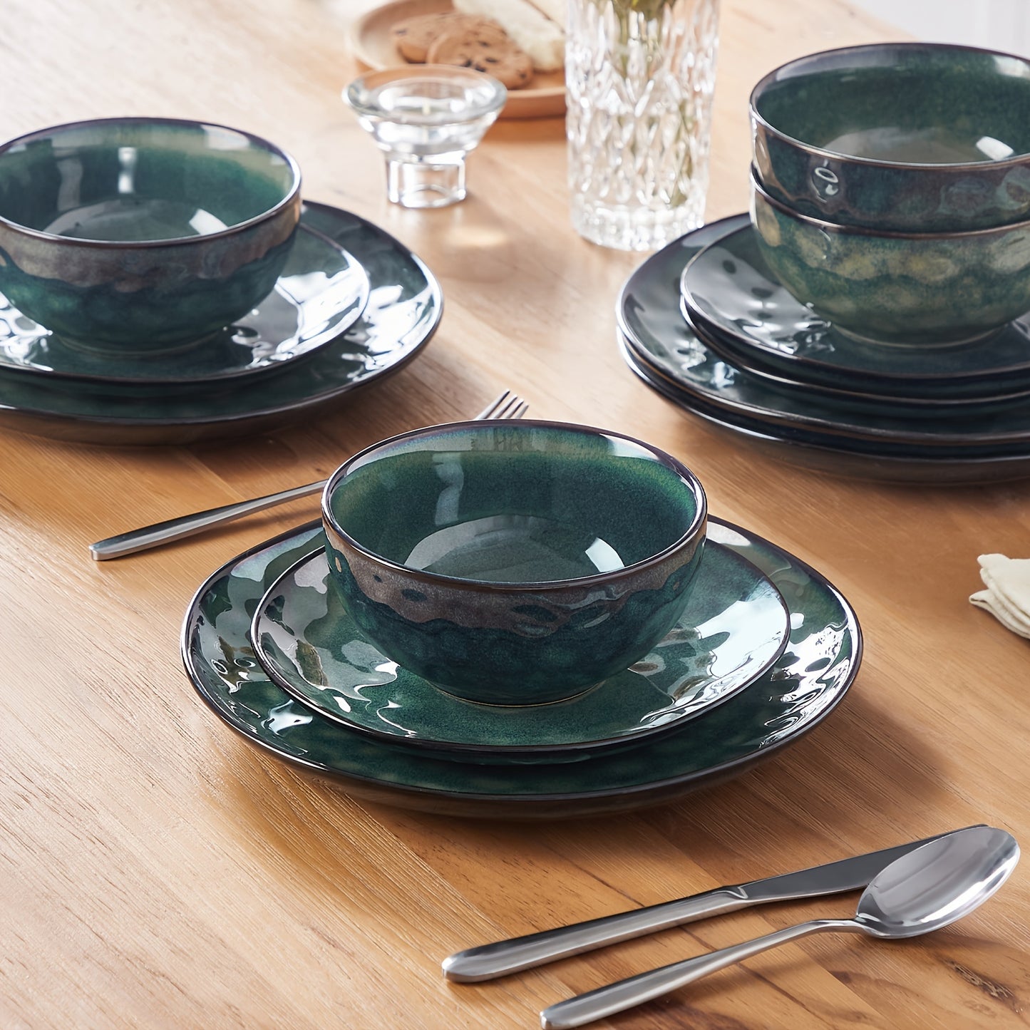 12 Piece Green Stoneware Dinnerware Set, Round Plate Bowl Set for 4, Kiln Change Glaze Service