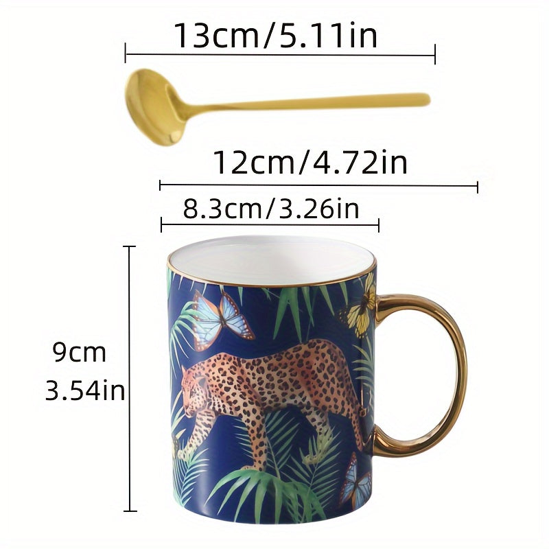 Animal Print Bone Porcelain Coffee Mug, 350ml/12.3oz Cheetah & Butterfly Design, Hand Wash Only, Insulated, Non-Slip, Reusable, Lead-Free, with Matching Spoon, for Multipurpose Use, Ideal for Christmas, Halloween, Thanksgiving, Earth Day, National Nurses