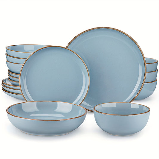 16 Piece Dinnerware Set Stoneware Sesame Glaze Plates Bowls Set Tableware Blue Service For 4