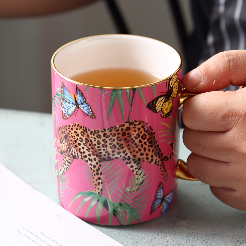 Animal Print Bone Porcelain Coffee Mug, 350ml/12.3oz Cheetah & Butterfly Design, Hand Wash Only, Insulated, Non-Slip, Reusable, Lead-Free, with Matching Spoon, for Multipurpose Use, Ideal for Christmas, Halloween, Thanksgiving, Earth Day, National Nurses