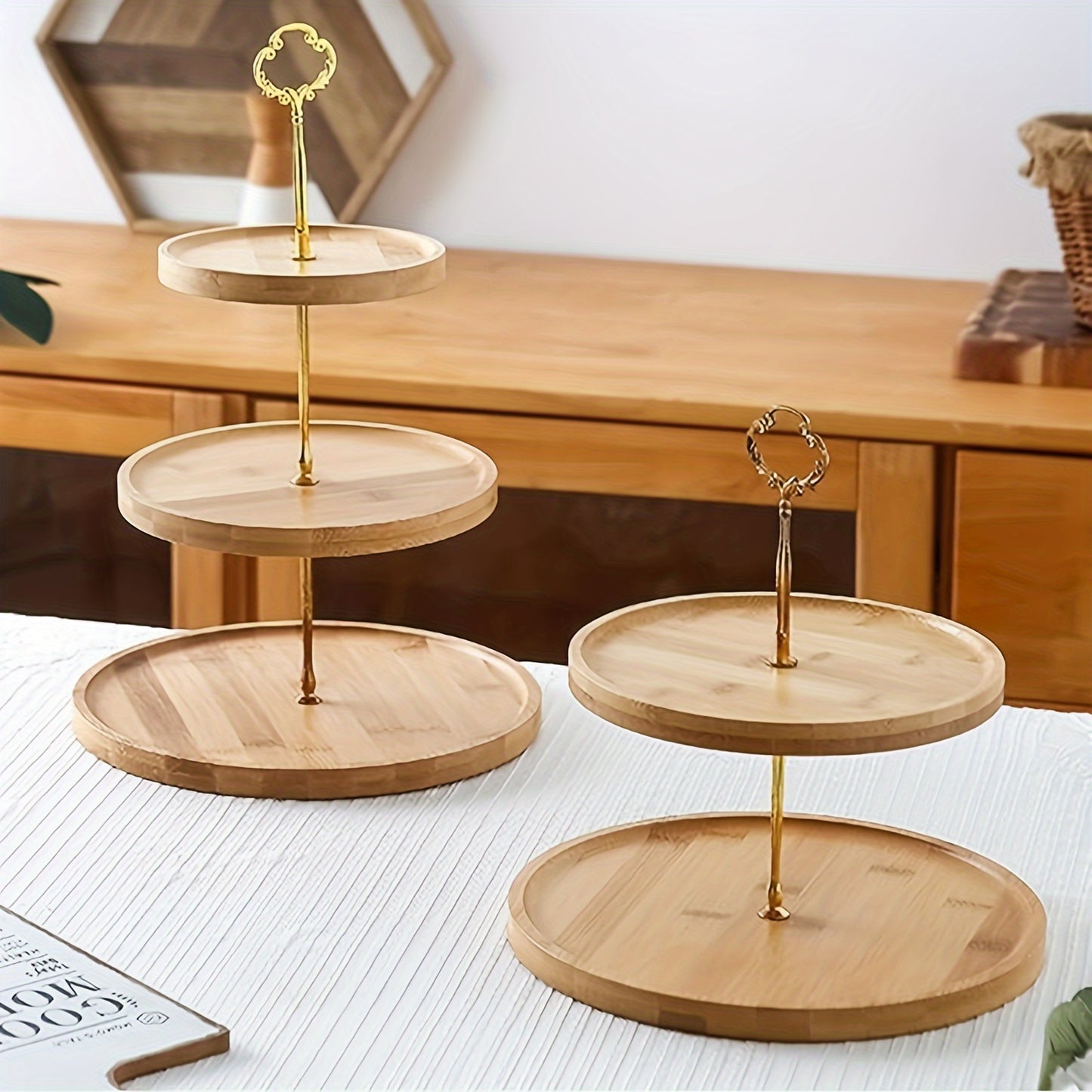 2pcs Handcrafted Wooden Cake Stands - 3-Tier, Natural Finish for Home Parties & Dessert Shops, Durable Kitchen & Restaurant Decor